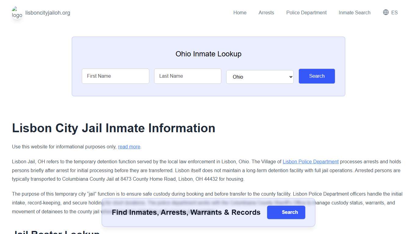Lisbon Jail, OH Inmate Roster, Municipal Jail Info