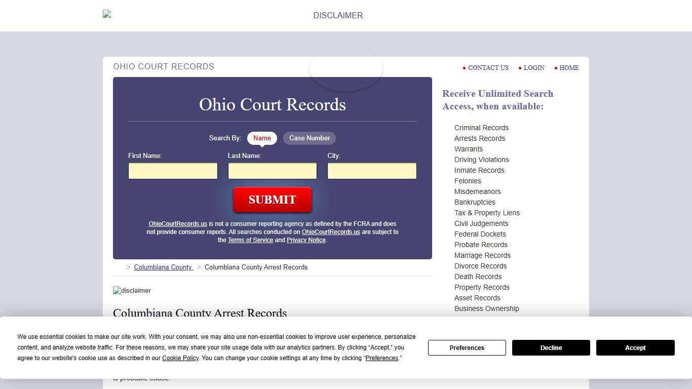 Columbiana County Arrest Records OhioCourtRecords.us